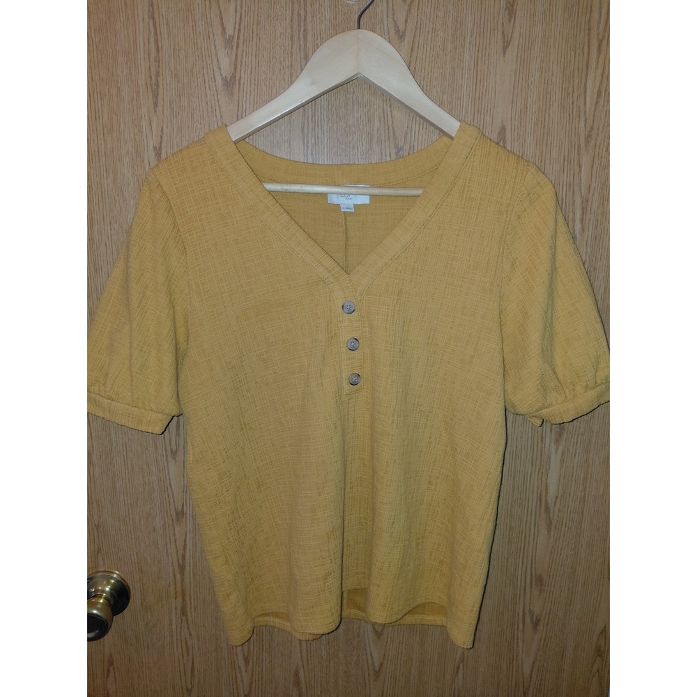 LOFT Outlet Womens Mustard Yellow Textured Henley V-Neck Short Sleeve Top Small